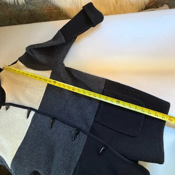 Vintage Wool Hooded Midi Jacket Coat Black Gray Cream Size Medium Winter 1990s - Picture 10 of 11